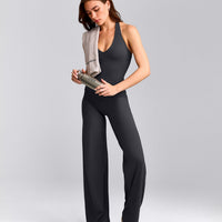 SoftMotion™ Halter Neck Tank Top with Built in Bra Shelf with Grey Logo | Coal