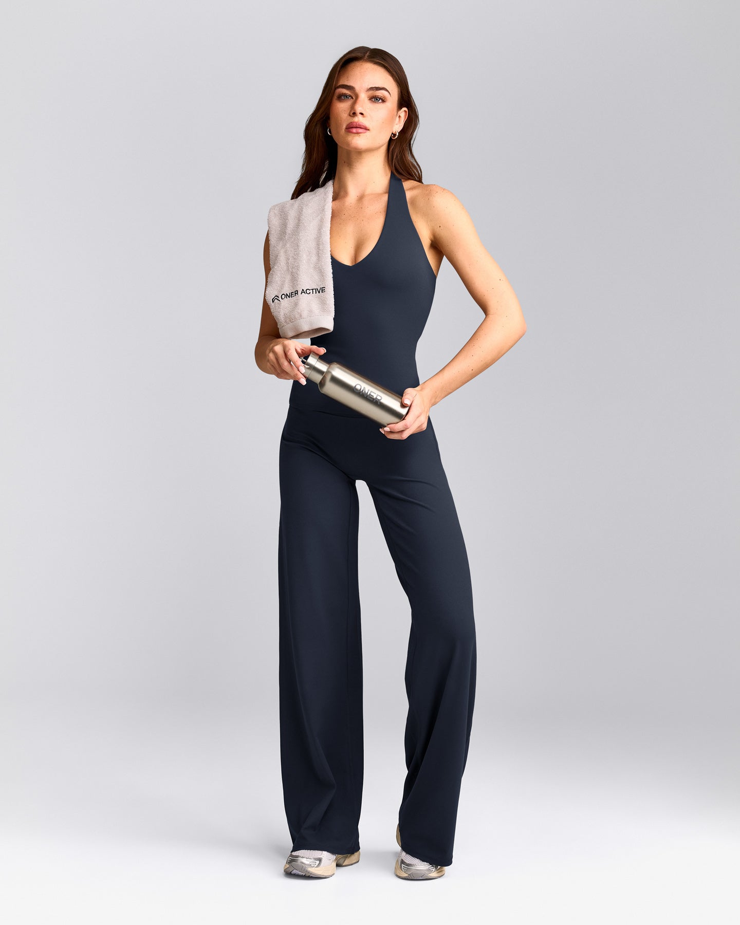 SoftMotion™ Halter Neck Tank Top with Built in Bra Shelf with Grey Logo | True Blue