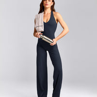 SoftMotion™ Halter Neck Tank Top with Built in Bra Shelf with Grey Logo | True Blue