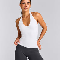 SoftMotion™ Halter Neck Tank Top with Built in Bra Shelf with Grey Logo | White