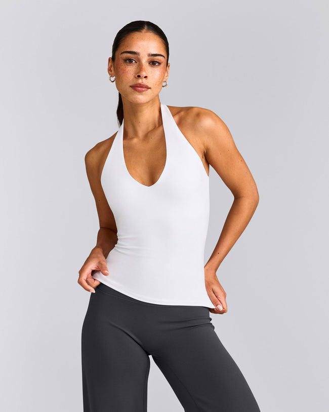 SoftMotion™ Halter Neck Tank Top with Built in Bra Shelf with Grey Logo | White