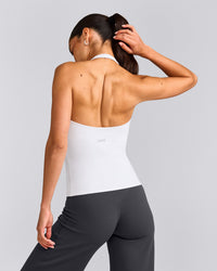 SoftMotion™ Halter Neck Tank Top with Built in Bra Shelf with Grey Logo | White