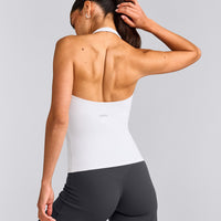 SoftMotion™ Halter Neck Tank Top with Built in Bra Shelf with Grey Logo | White