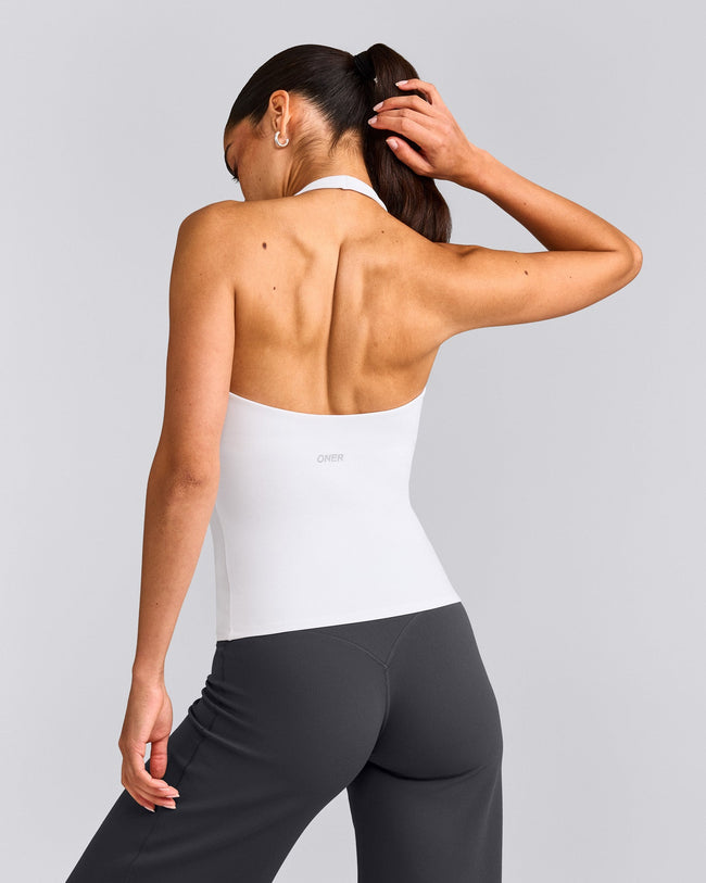 SoftMotion™ Halter Neck Tank Top with Built in Bra Shelf with Grey Logo | White