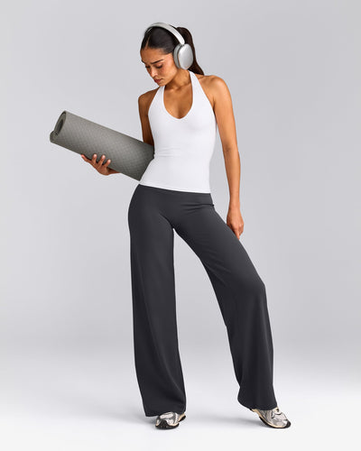 SoftMotion™ Halter Neck Tank Top with Built in Bra Shelf with Grey Logo | White