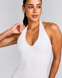 SoftMotion™ Halter Neck Tank Top with Built in Bra Shelf with Grey Logo | White