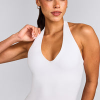 SoftMotion™ Halter Neck Tank Top with Built in Bra Shelf with Grey Logo | White