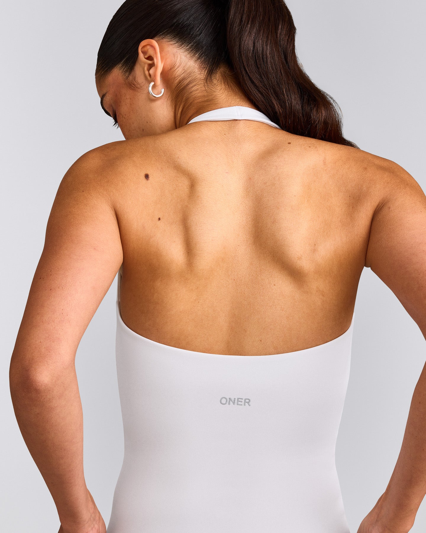 SoftMotion™ Halter Neck Tank Top with Built in Bra Shelf with Grey Logo | White