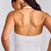 SoftMotion™ Halter Neck Tank Top with Built in Bra Shelf with Grey Logo | White