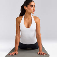 SoftMotion™ Halter Neck Tank Top with Built in Bra Shelf with Grey Logo | White