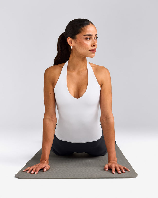 SoftMotion™ Halter Neck Tank Top with Built in Bra Shelf with Grey Logo | White