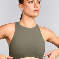 SoftMotion™ High Neck Sports Bra with Grey Logo | Alpine Green