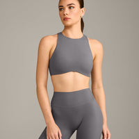 SoftMotion™ High Neck Sports Bra with Grey Logo | Ash Grey