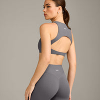 SoftMotion™ High Neck Sports Bra with Grey Logo | Ash Grey