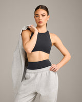 SoftMotion™ High Neck Sports Bra with Grey Logo | Coal