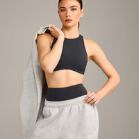 SoftMotion™ High Neck Sports Bra with Grey Logo | Coal