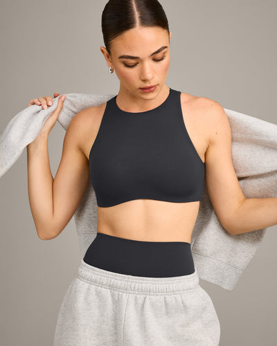 SoftMotion™ High Neck Sports Bra with Grey Logo | Coal
