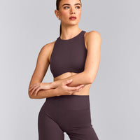 SoftMotion™ High Neck Sports Bra with Grey Logo | Dark Umber Brown