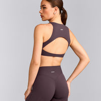 SoftMotion™ High Neck Sports Bra with Grey Logo | Dark Umber Brown
