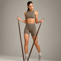 SoftMotion™ High Neck Sports Bra with Grey Logo | Moss Brown