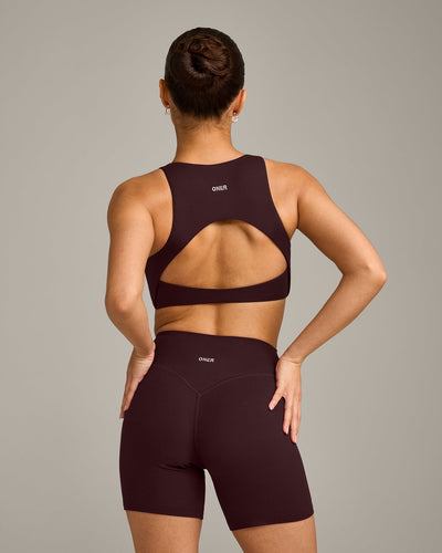 SoftMotion™ High Neck Sports Bra with Grey Logo | Plum Brown