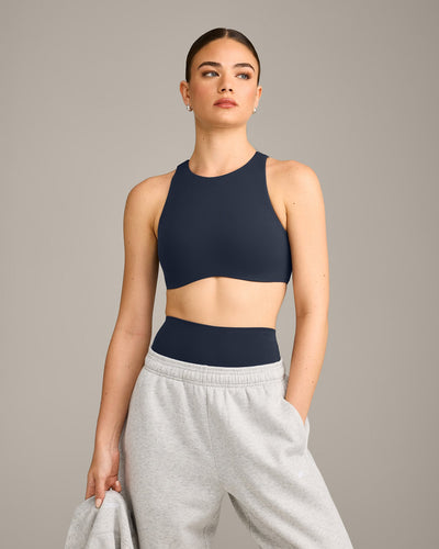 SoftMotion™ High Neck Sports Bra with Grey Logo | True Blue