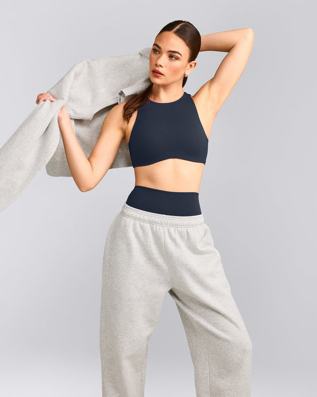 SoftMotion™ High Neck Sports Bra with Grey Logo | True Blue