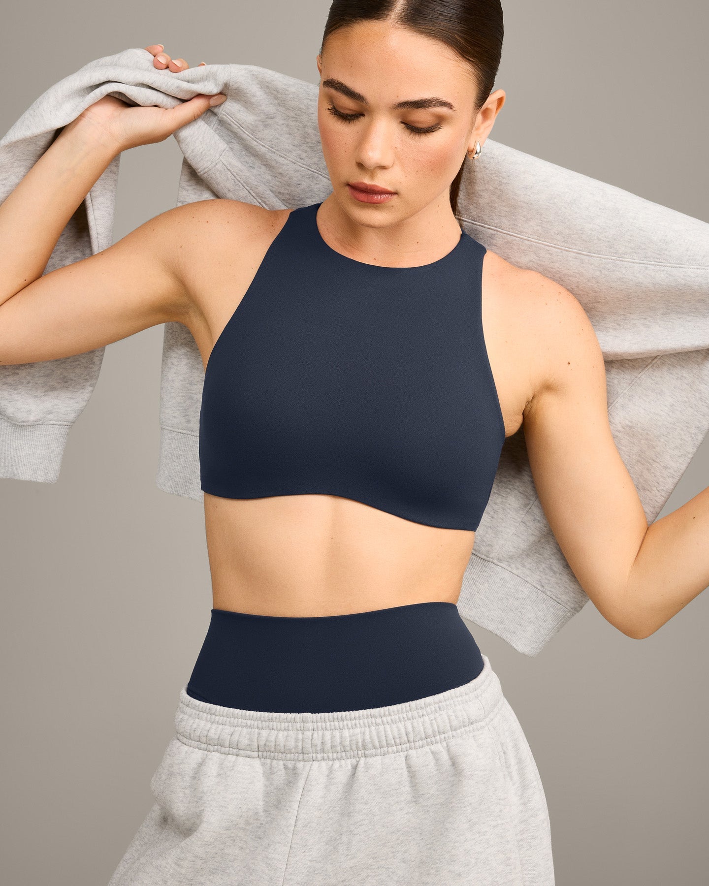 SoftMotion™ High Neck Sports Bra with Grey Logo | True Blue
