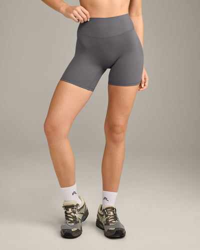SoftMotion™ High Waisted Shorts 6" with Grey Logo | Ash Grey
