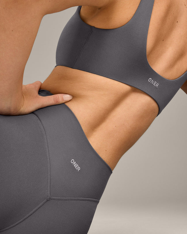 SoftMotion™ High Waisted Shorts 6" with Grey Logo | Ash Grey