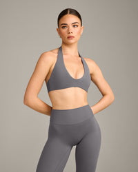 SoftMotion™ Minimal Halter Neck Bralette with Grey Logo | Ash Grey