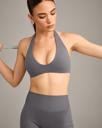 SoftMotion™ Minimal Halter Neck Bralette with Grey Logo | Ash Grey