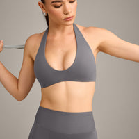 SoftMotion™ Minimal Halter Neck Bralette with Grey Logo | Ash Grey