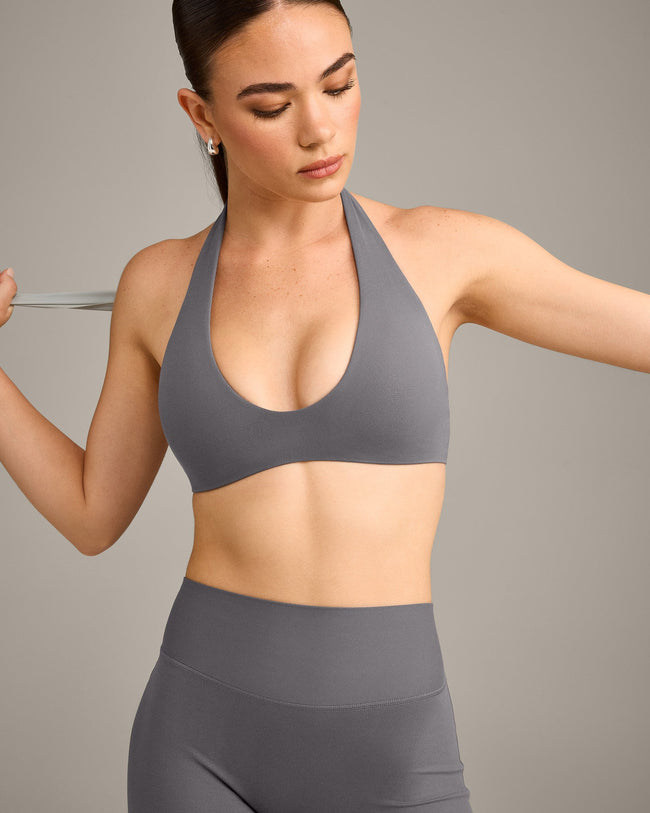 SoftMotion™ Minimal Halter Neck Bralette with Grey Logo | Ash Grey