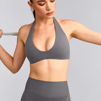 SoftMotion™ Minimal Halter Neck Bralette with Grey Logo | Ash Grey