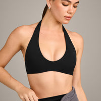 SoftMotion™ Minimal Halter Neck Bralette with Grey Logo | Black