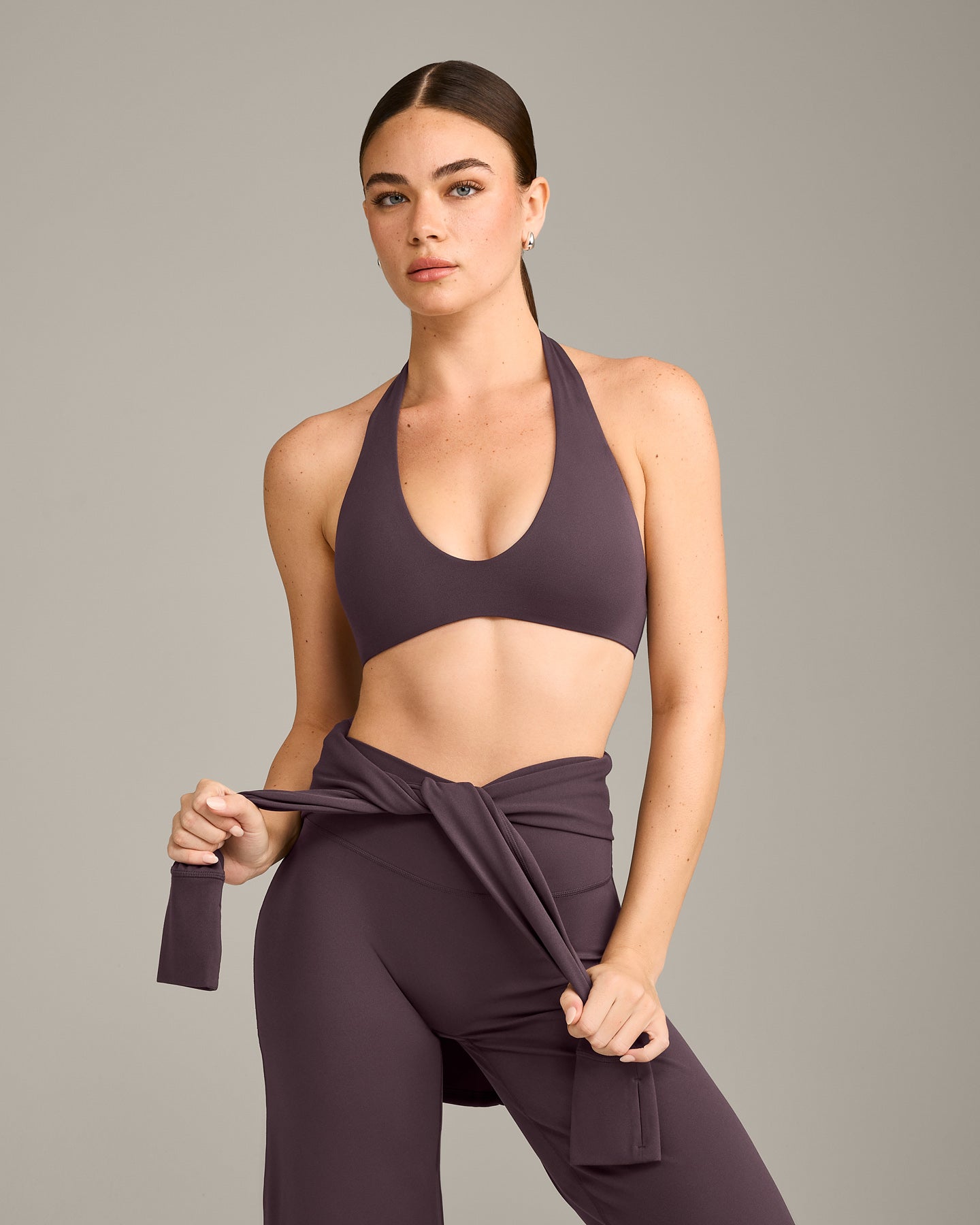 SoftMotion™ Minimal Halter Neck Bralette with Grey Logo | Dark Umber Brown