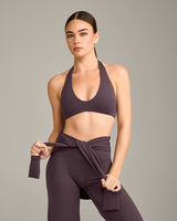 SoftMotion™ Minimal Halter Neck Bralette with Grey Logo | Dark Umber Brown