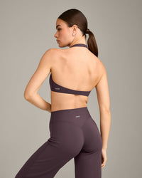 SoftMotion™ Minimal Halter Neck Bralette with Grey Logo | Dark Umber Brown