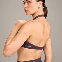 SoftMotion™ Minimal Halter Neck Bralette with Grey Logo | Dark Umber Brown