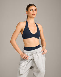 SoftMotion™ Minimal Halter Neck Bralette with Grey Logo | True Blue