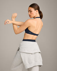 SoftMotion™ Minimal Halter Neck Bralette with Grey Logo | True Blue