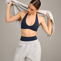 SoftMotion™ Minimal Halter Neck Bralette with Grey Logo | True Blue