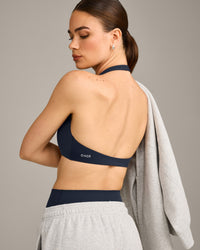 SoftMotion™ Minimal Halter Neck Bralette with Grey Logo | True Blue