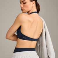 SoftMotion™ Minimal Halter Neck Bralette with Grey Logo | True Blue