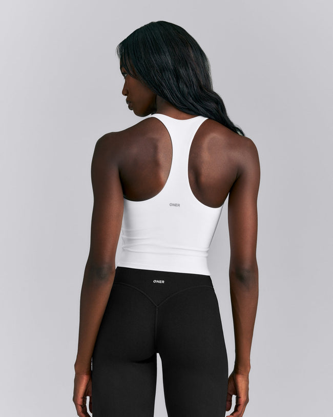 SoftMotion™ Racer Back Mid Tank Top with Built in Bra Shelf | White