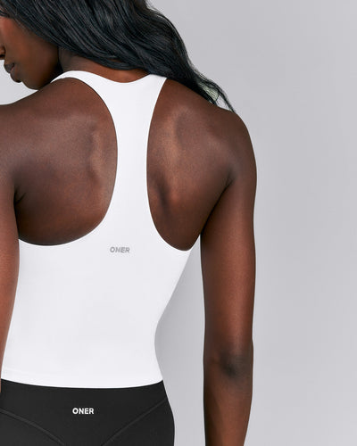 SoftMotion™ Racer Back Mid Tank Top with Built in Bra Shelf | White