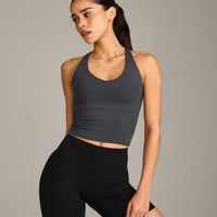SoftMotion™ Racer Back Mid Vest with Built in Bra Shelf with Grey Logo | Coal