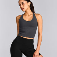 SoftMotion™ Racer Back Mid Tank Top with Built in Bra Shelf with Grey Logo | Coal