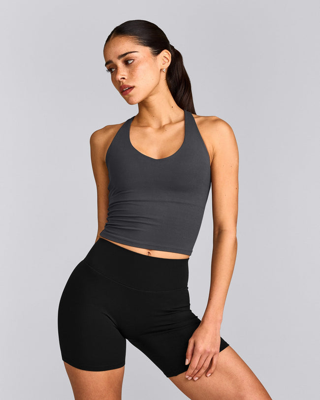 SoftMotion™ Racer Back Mid Tank Top with Built in Bra Shelf with Grey Logo | Coal